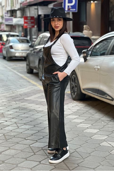 Askılı Salopet Cepli Deri Tulum-Siyah