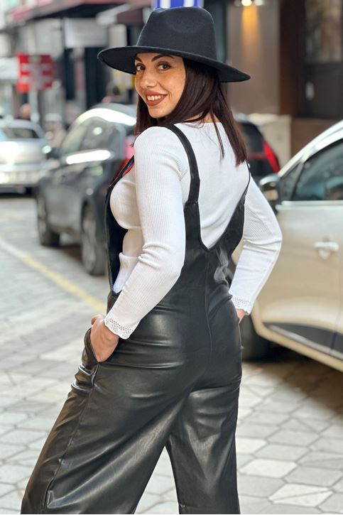 Askılı Salopet Cepli Deri Tulum-Siyah