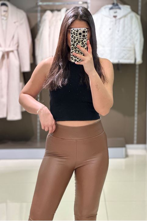 Kalın Bel Korse Detaylı İçi Şardonlu Deri Tayt-Taba