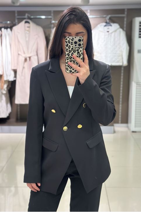 Gold Düğmeli Vatkalı Blazer Ceket-Siyah