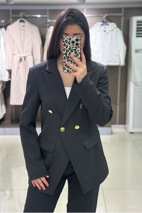 Gold Düğmeli Vatkalı Blazer Ceket-Siyah