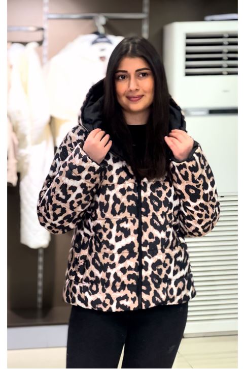 Leopar Desen Detaylı Şişme Mont-Vizon