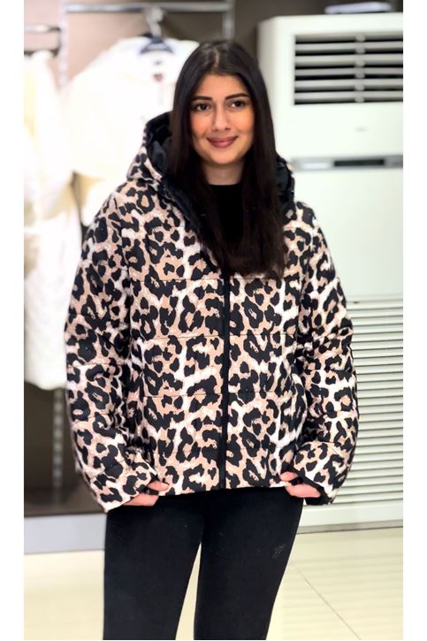 Leopar Desen Detaylı Şişme Mont-Vizon