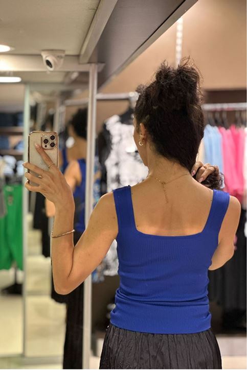 Yaka Yırtmaçlı Fitilli Askılı Triko-Saksmavi