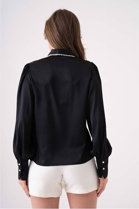 Yaka Boncuk Kurdale Detay Saten Gömlek-Siyah