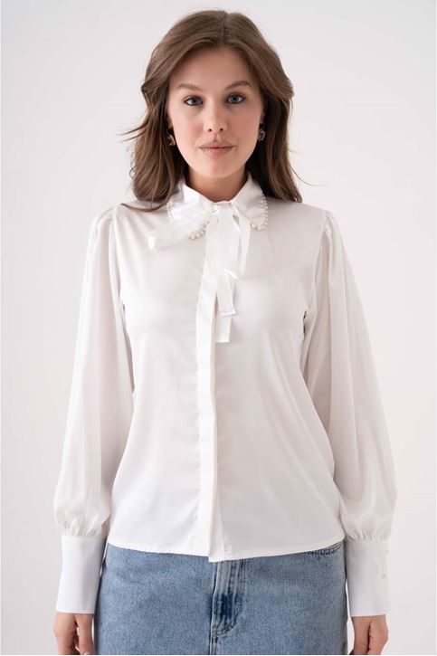 Yaka Boncuk Kurdale Detay Saten Gömlek-Beyaz