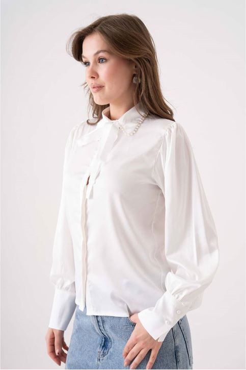 Yaka Boncuk Kurdale Detay Saten Gömlek-Beyaz