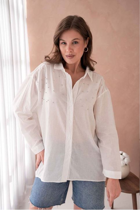 Üst İnci Detay Oversize Salaş Gömlek-Beyaz