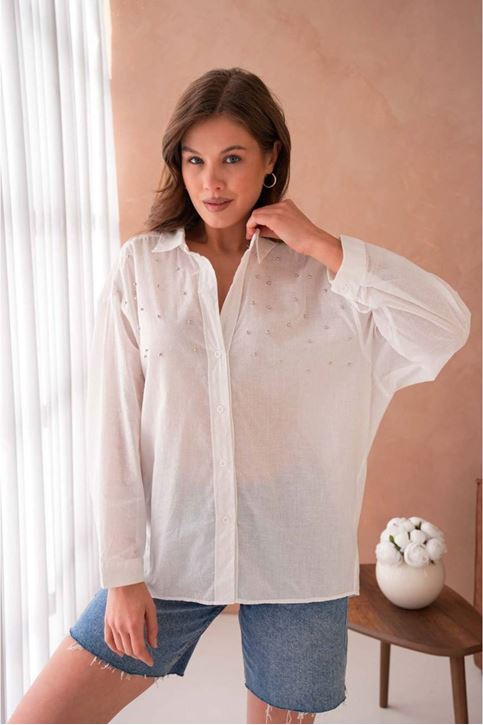 Üst İnci Detay Oversize Salaş Gömlek-Beyaz