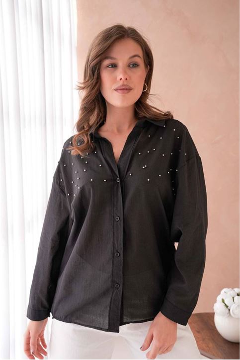 Üst İnci Detay Oversize Salaş Gömlek-Siyah