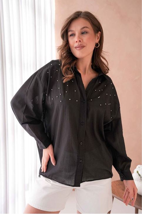 Üst İnci Detay Oversize Salaş Gömlek-Siyah
