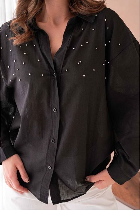 Üst İnci Detay Oversize Salaş Gömlek-Siyah
