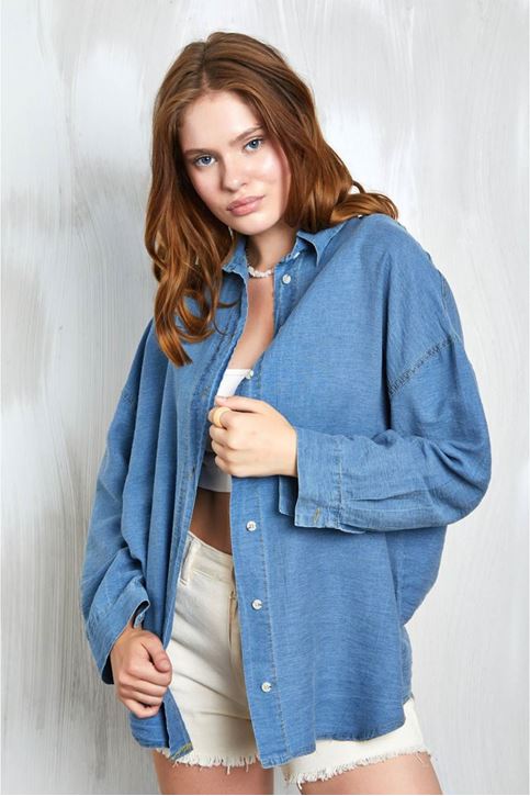 Salaş Kesim Denim Gömlek-Mavi