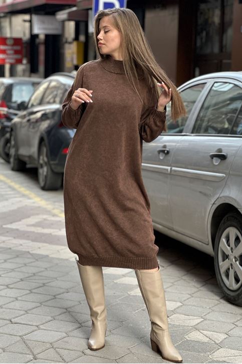 Balıkçı Yaka Yıkama Doku Salaş Triko Elbise-Kahve