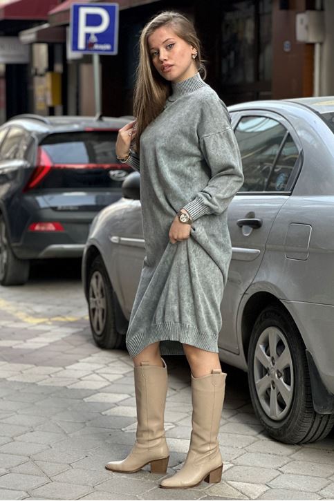 Balıkçı Yaka Yıkama Doku Salaş Triko Elbise-Gri