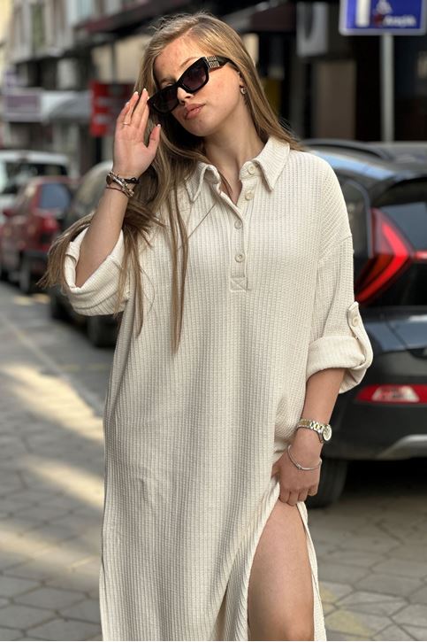 Gömlek Yaka Düğmeli Fitilli Triko Elbise-Krem