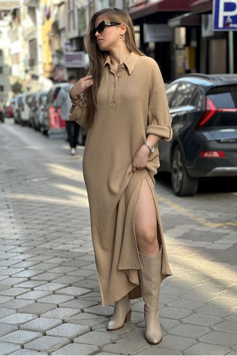 Gömlek Yaka Düğmeli Fitilli Triko Elbise-Vizon