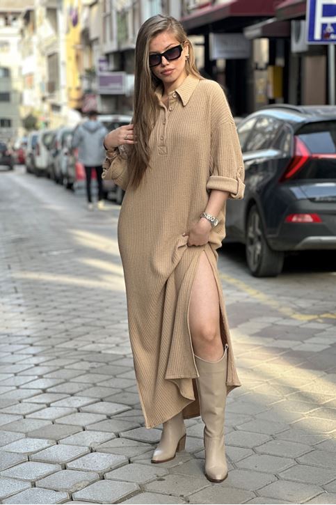 Gömlek Yaka Düğmeli Fitilli Triko Elbise-Vizon