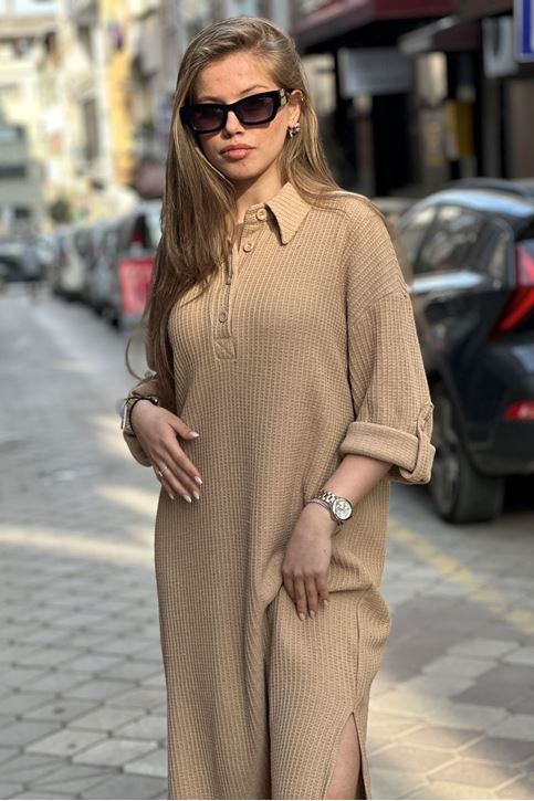 Gömlek Yaka Düğmeli Fitilli Triko Elbise-Vizon