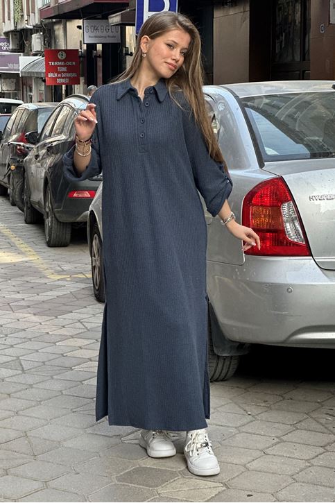 Gömlek Yaka Düğmeli Fitilli Triko Elbise-Lacivert