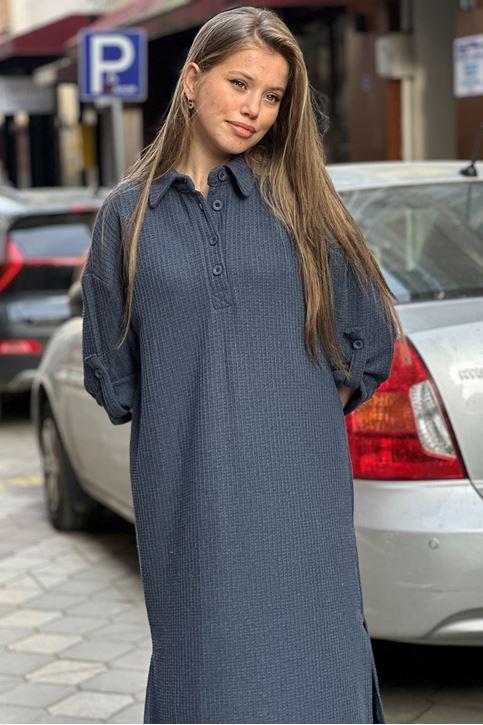 Gömlek Yaka Düğmeli Fitilli Triko Elbise-Lacivert