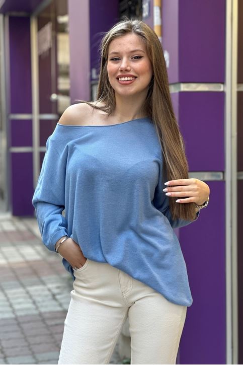 Yuvarlak Yaka Pamuklu Triko Bluz-Bebe Mavi