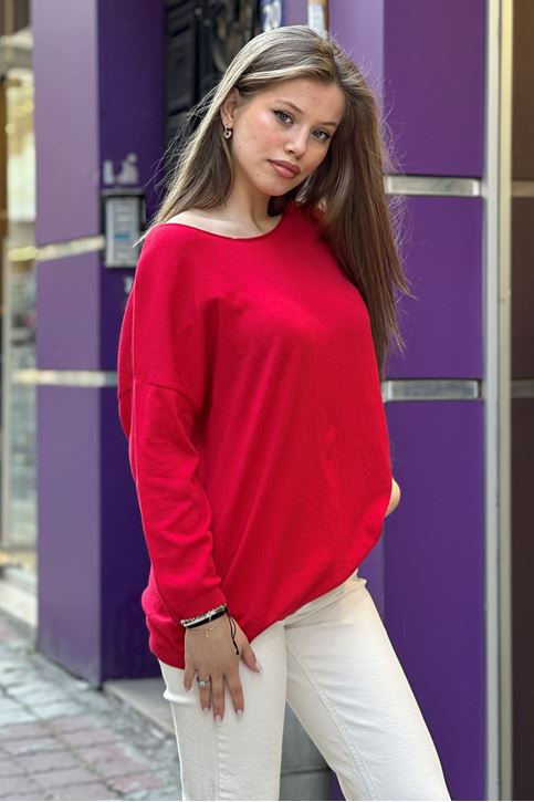 Yuvarlak Yaka Pamuklu Triko Bluz-Kırmızı