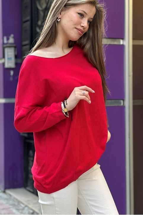 Yuvarlak Yaka Pamuklu Triko Bluz-Kırmızı