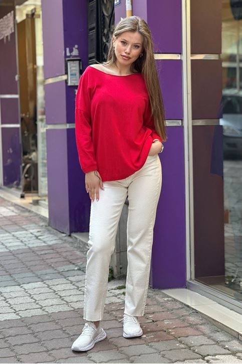 Yuvarlak Yaka Pamuklu Triko Bluz-Kırmızı