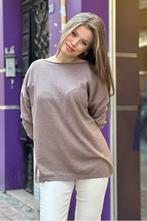 Yuvarlak Yaka Pamuklu Triko Bluz-Vizon