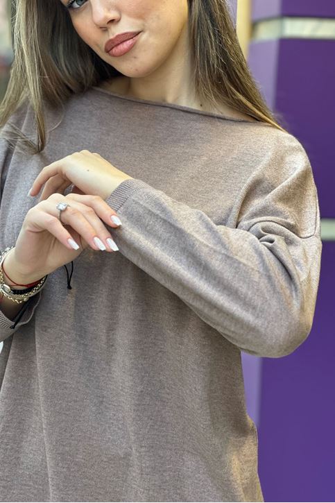 Yuvarlak Yaka Pamuklu Triko Bluz-Vizon