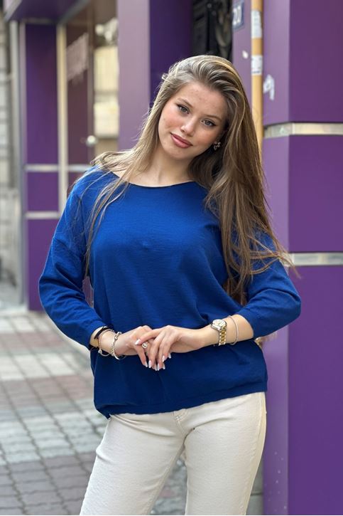 Yuvarlak Yaka Pamuklu Triko Bluz-Saksmavi