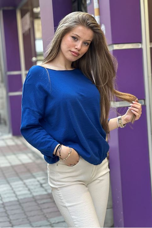 Yuvarlak Yaka Pamuklu Triko Bluz-Saksmavi
