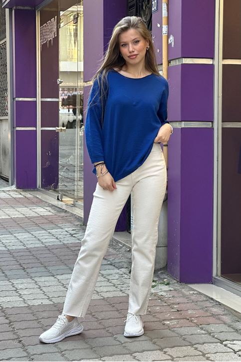 Yuvarlak Yaka Pamuklu Triko Bluz-Saksmavi