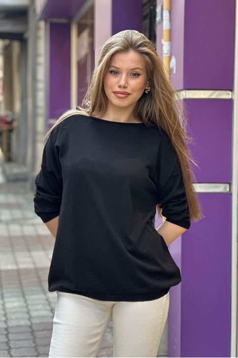 Yuvarlak Yaka Pamuklu Triko Bluz-Siyah