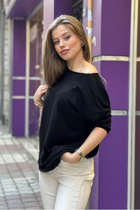 Yuvarlak Yaka Pamuklu Triko Bluz-Siyah