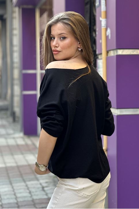 Yuvarlak Yaka Pamuklu Triko Bluz-Siyah