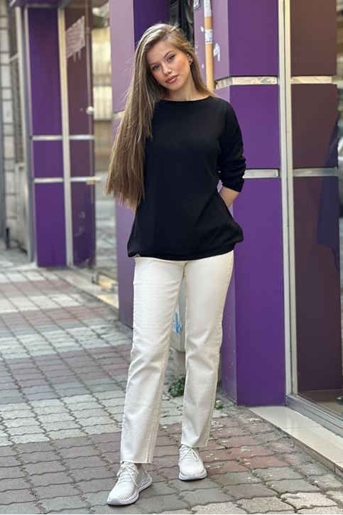 Yuvarlak Yaka Pamuklu Triko Bluz-Siyah