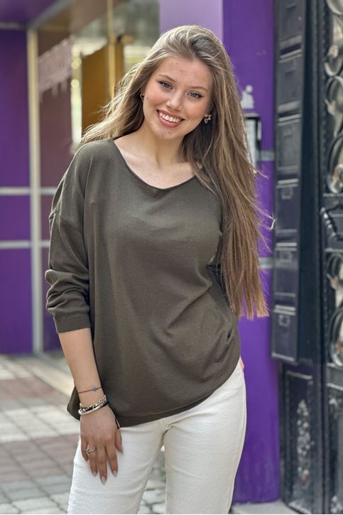 Yuvarlak Yaka Pamuklu Triko Bluz-Haki