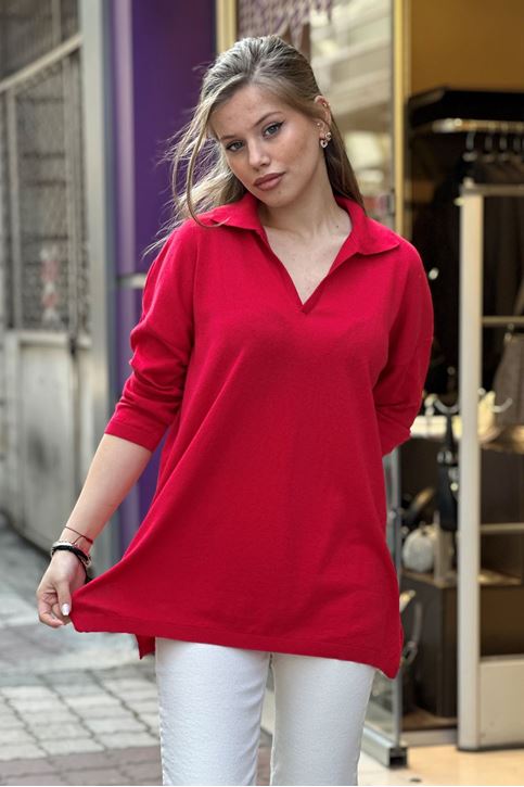 Polo Yaka Yırtaclı Pamuklu Bluz-Kırmızı