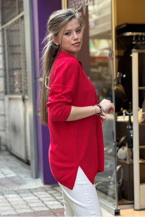 Polo Yaka Yırtaclı Pamuklu Bluz-Kırmızı