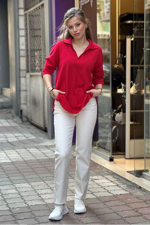 Polo Yaka Yırtaclı Pamuklu Bluz-Kırmızı