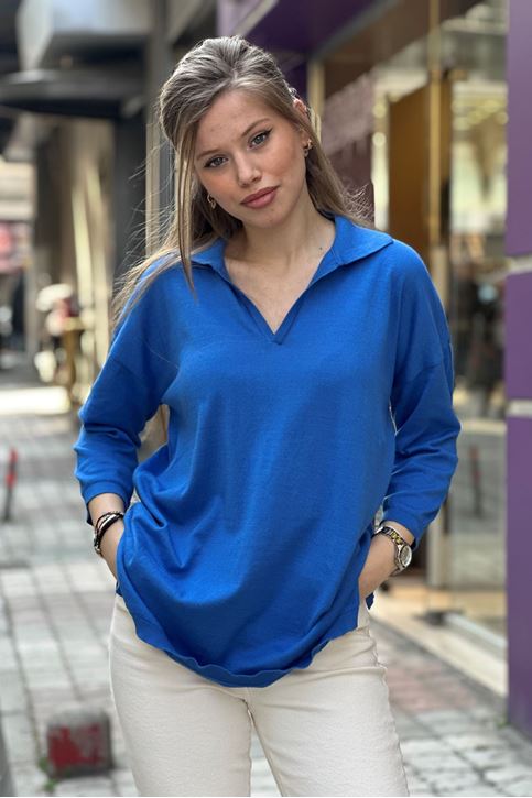 Polo Yaka Yırtaclı Pamuklu Bluz-Mavi