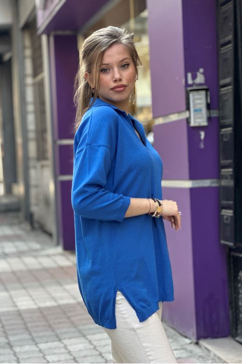 Polo Yaka Yırtaclı Pamuklu Bluz-Mavi