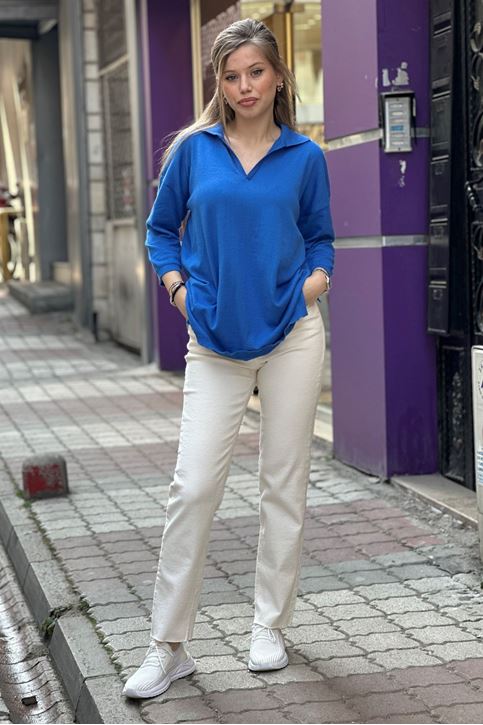 Polo Yaka Yırtaclı Pamuklu Bluz-Mavi