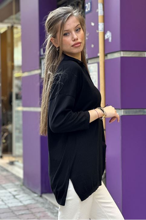 Polo Yaka Yırtaclı Pamuklu Bluz-Siyah