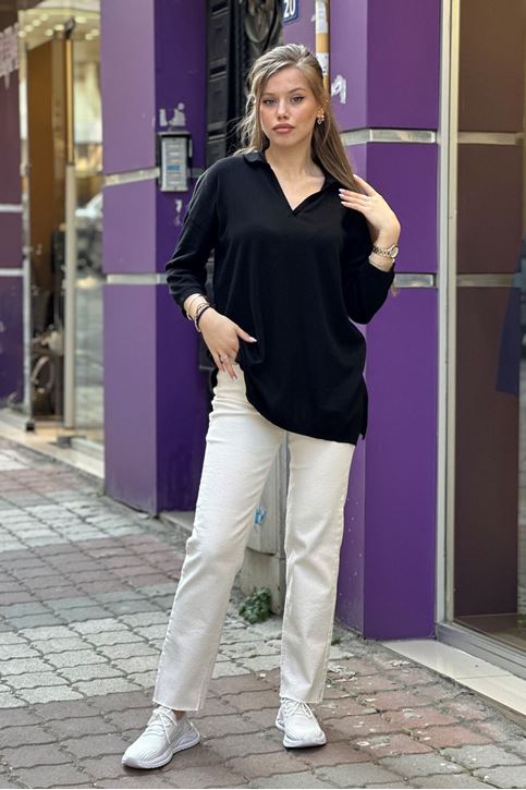 Polo Yaka Yırtaclı Pamuklu Bluz-Siyah