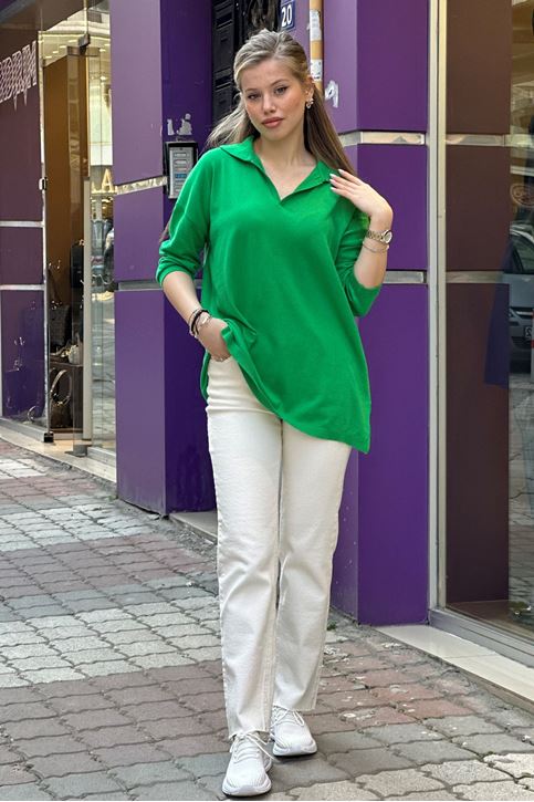 Polo Yaka Yırtaclı Pamuklu Bluz-Yeşil