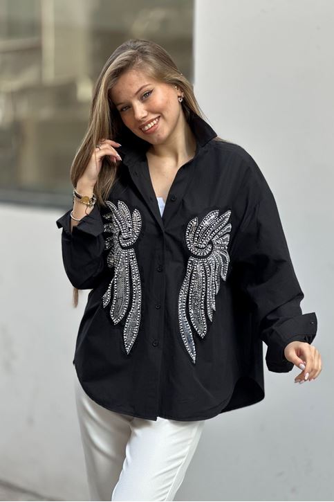 Kanat Boncuk İşlemeli Gömlek-Siyah