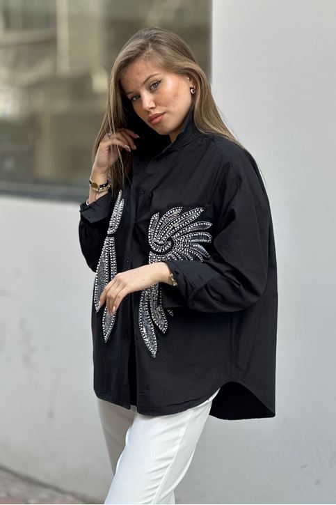 Kanat Boncuk İşlemeli Gömlek-Siyah